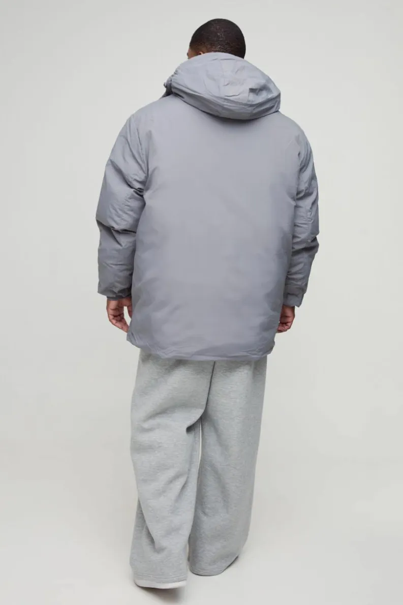 New boohooMAN Plus Utility Pocket Hooded Parka Jacket In grey