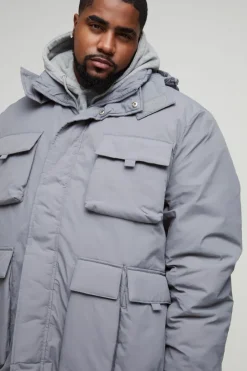 New boohooMAN Plus Utility Pocket Hooded Parka Jacket In grey