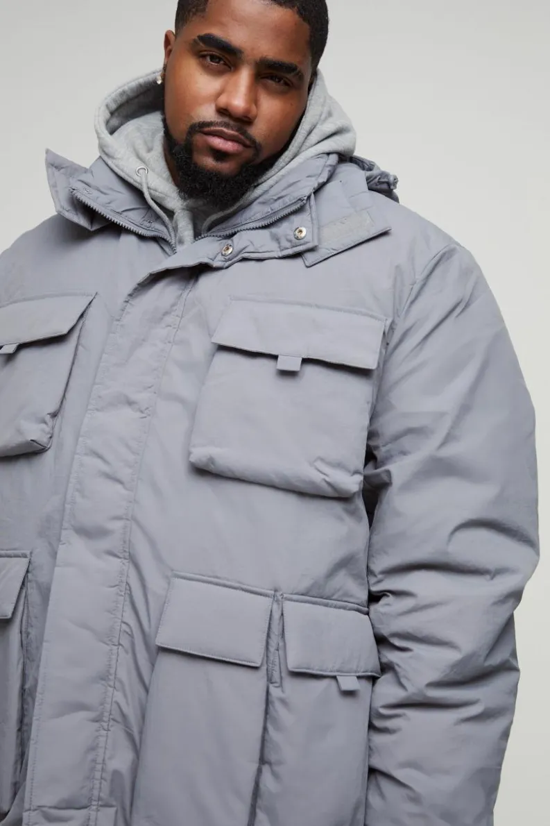 New boohooMAN Plus Utility Pocket Hooded Parka Jacket In grey