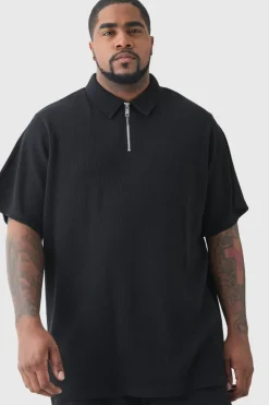Hot boohooMAN Plus Waffle Polo black