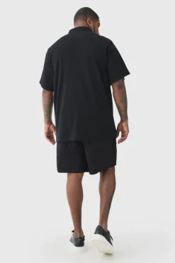 Hot boohooMAN Plus Waffle Polo black