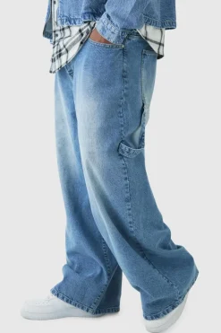 Clearance boohooMAN Plus Washed Adjustable Waist Baggy Carpenter Jeans washed blue