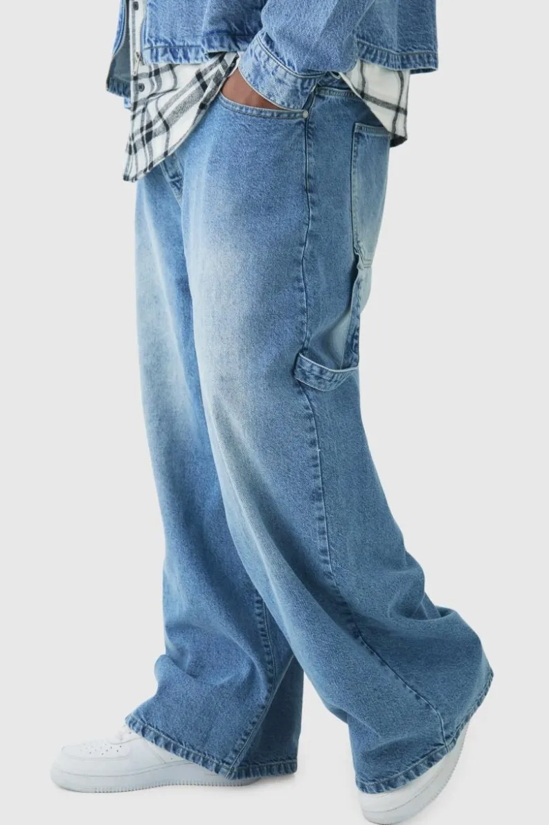 Clearance boohooMAN Plus Washed Adjustable Waist Baggy Carpenter Jeans washed blue