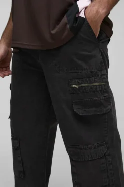 Fashion boohooMAN Plus Washed Ripstop Embroidered Relaxed Fit Cargo Trousers charcoal