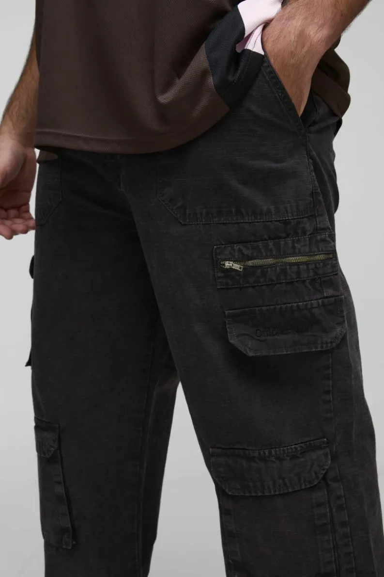 Fashion boohooMAN Plus Washed Ripstop Embroidered Relaxed Fit Cargo Trousers charcoal