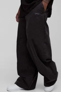 Hot boohooMAN Plus Washed Ripstop Embroidered Baggy Trousers black