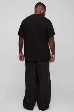 Hot boohooMAN Plus Washed Ripstop Embroidered Baggy Trousers black