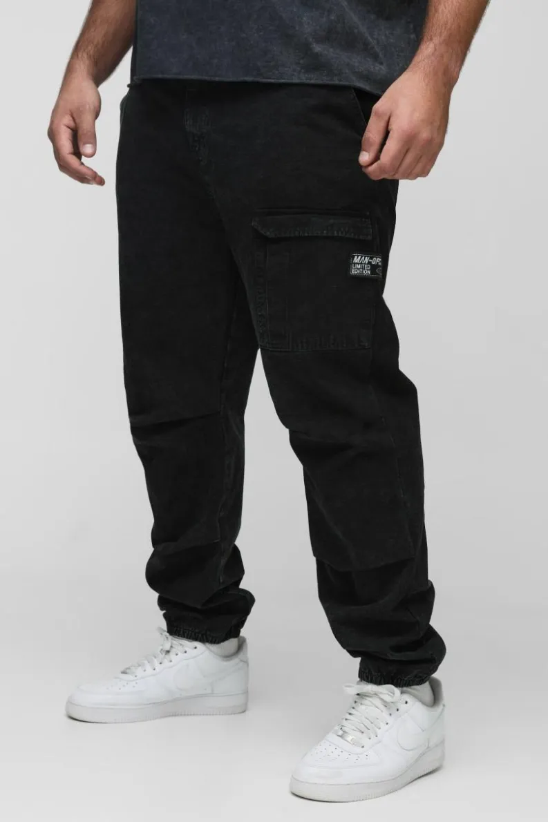 Cheap boohooMAN Plus Washed Ripstop Pleat Knee Slim Fit Cargo Trousers black