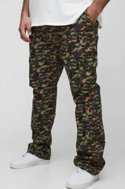Best Sale boohooMAN Plus Washed Ripstop Stacked Zip Hem Camo Cargo Trousers khaki