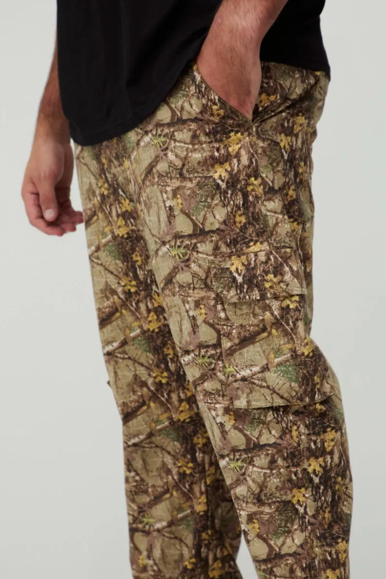 New boohooMAN Plus Washed Ripstop Stacked Zip Hem Forest Camo Cargo Trousers khaki