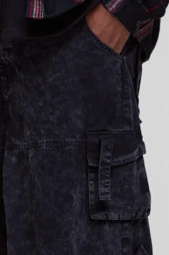 Online boohooMAN Plus Washed Twill Multi Pocket Baggy Cargo Trousers black