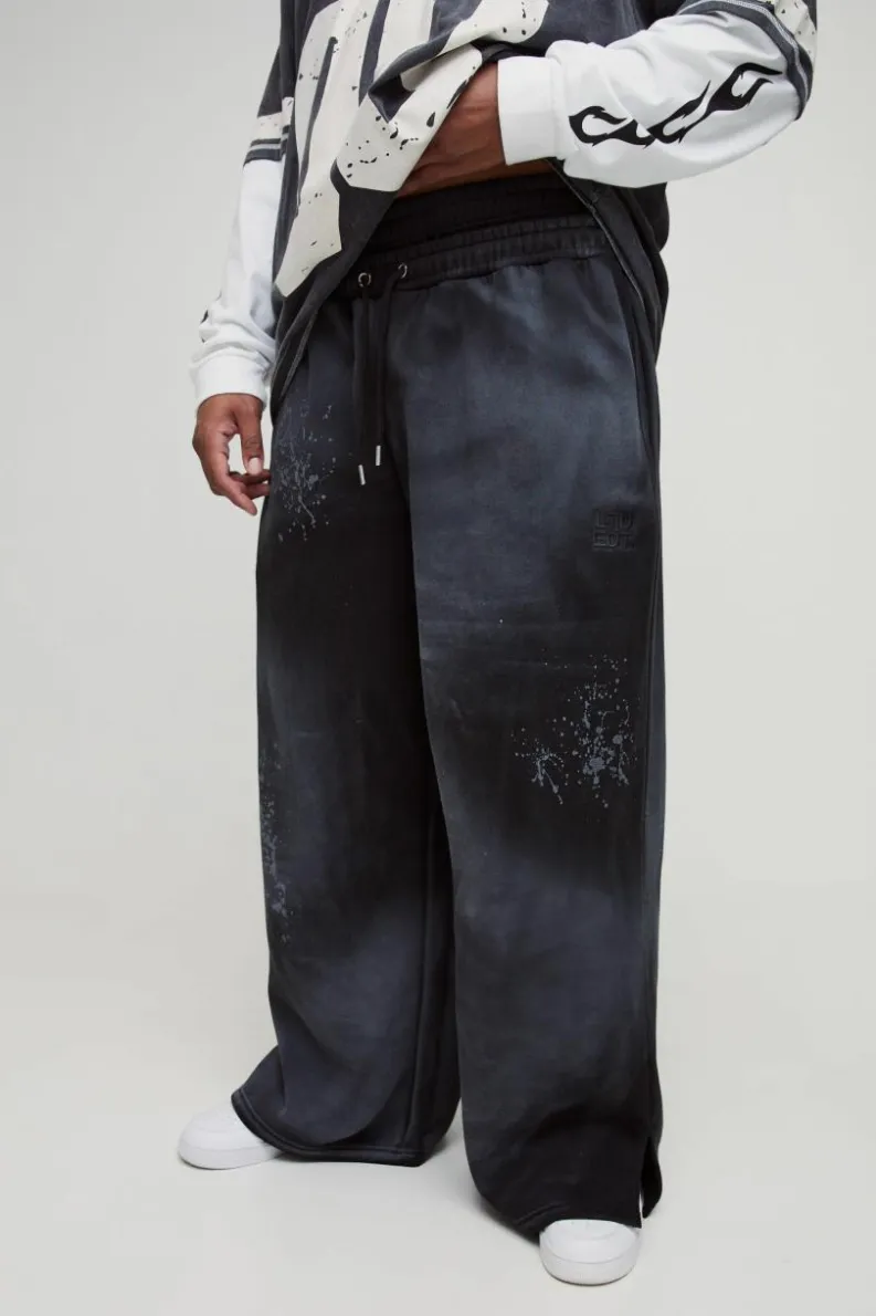 Cheap boohooMAN Plus Wide Fit Boxer Spray Wash Embroidered Split Hem Jogger black