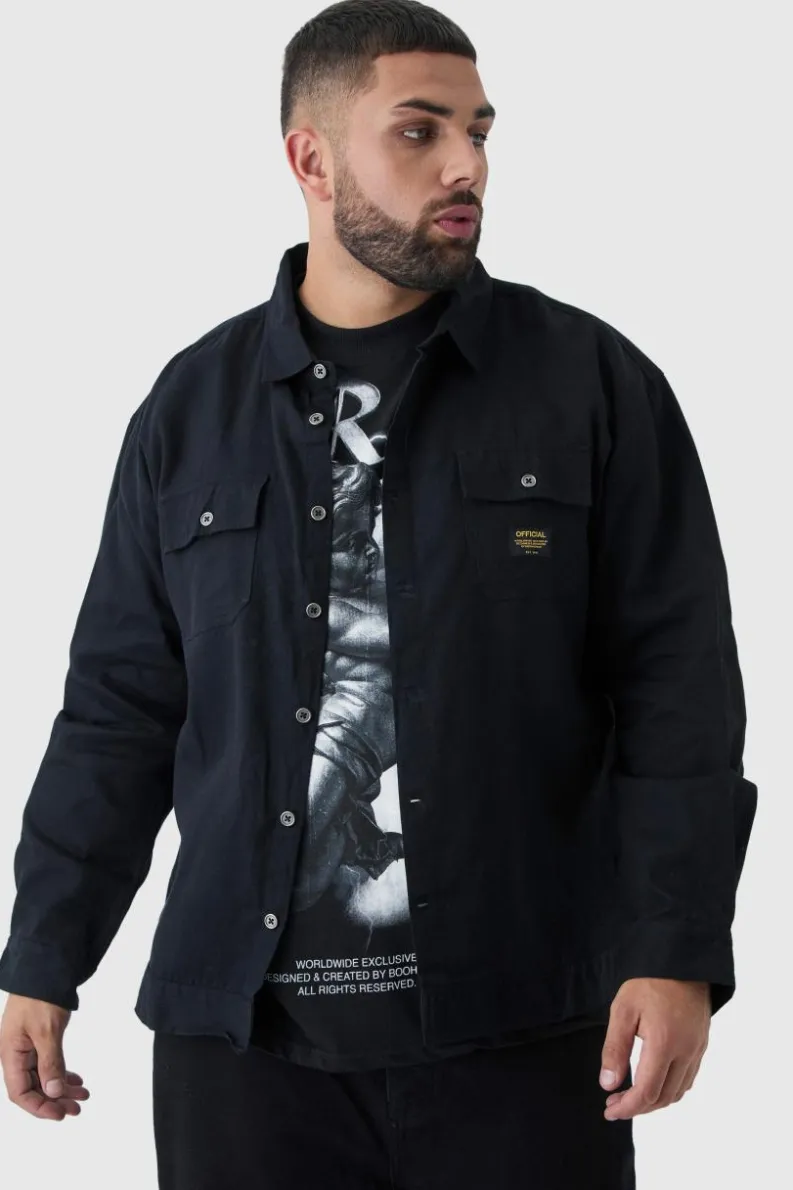 Shop boohooMAN Plus Worker Overshirt in black