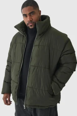 New boohooMAN Plus Worldwide Applique Funnel Neck Puffer Jacket In khaki