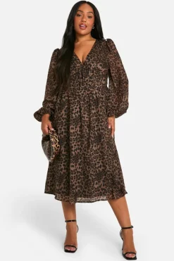 Discount boohoo Plus Woven Milkmaid Midi Skater Dress leopard