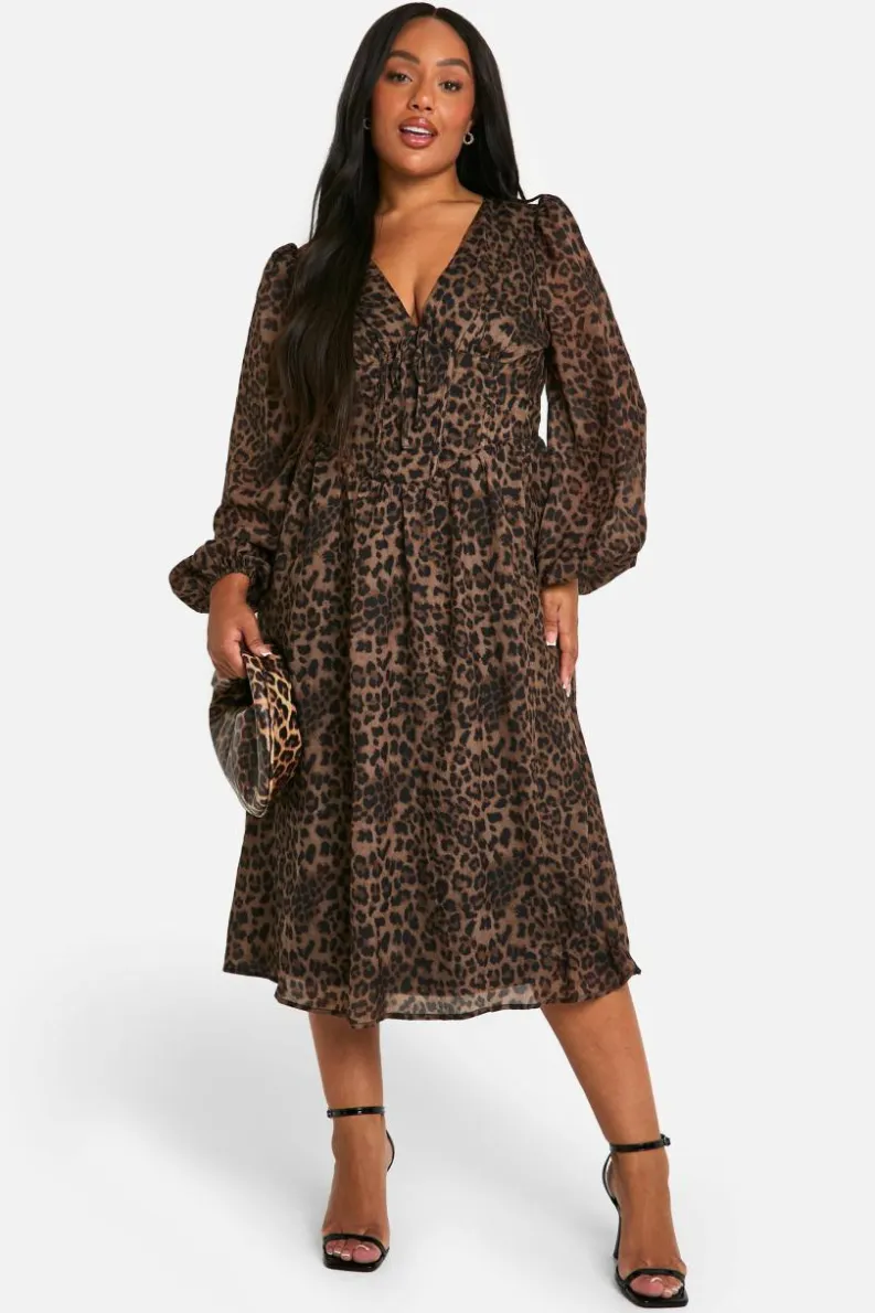 Discount boohoo Plus Woven Milkmaid Midi Skater Dress leopard