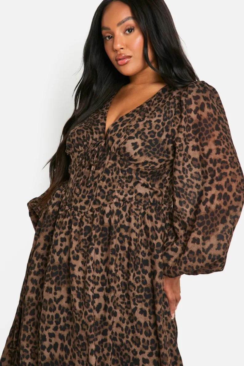 Discount boohoo Plus Woven Milkmaid Midi Skater Dress leopard
