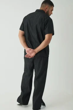 Best Sale boohoo Plus Woven Rib Texture Shirt and Trouser Set black