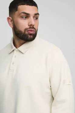 Hot boohooMAN Plus Woven Tab Rugby Polo ecru