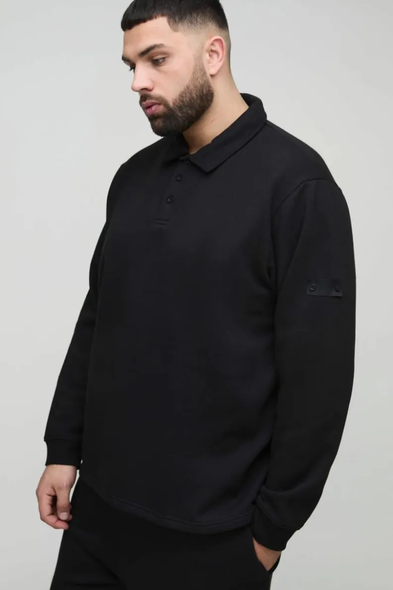 New boohooMAN Plus Woven Tab Rugby Polo black