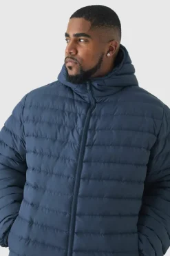 Clearance boohooMAN Plus Zip Through Hooded Puffer Jacket In navy