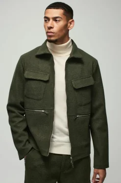 New boohoo Pocket Detail Wool Look Harrington & Trousers Suit khaki