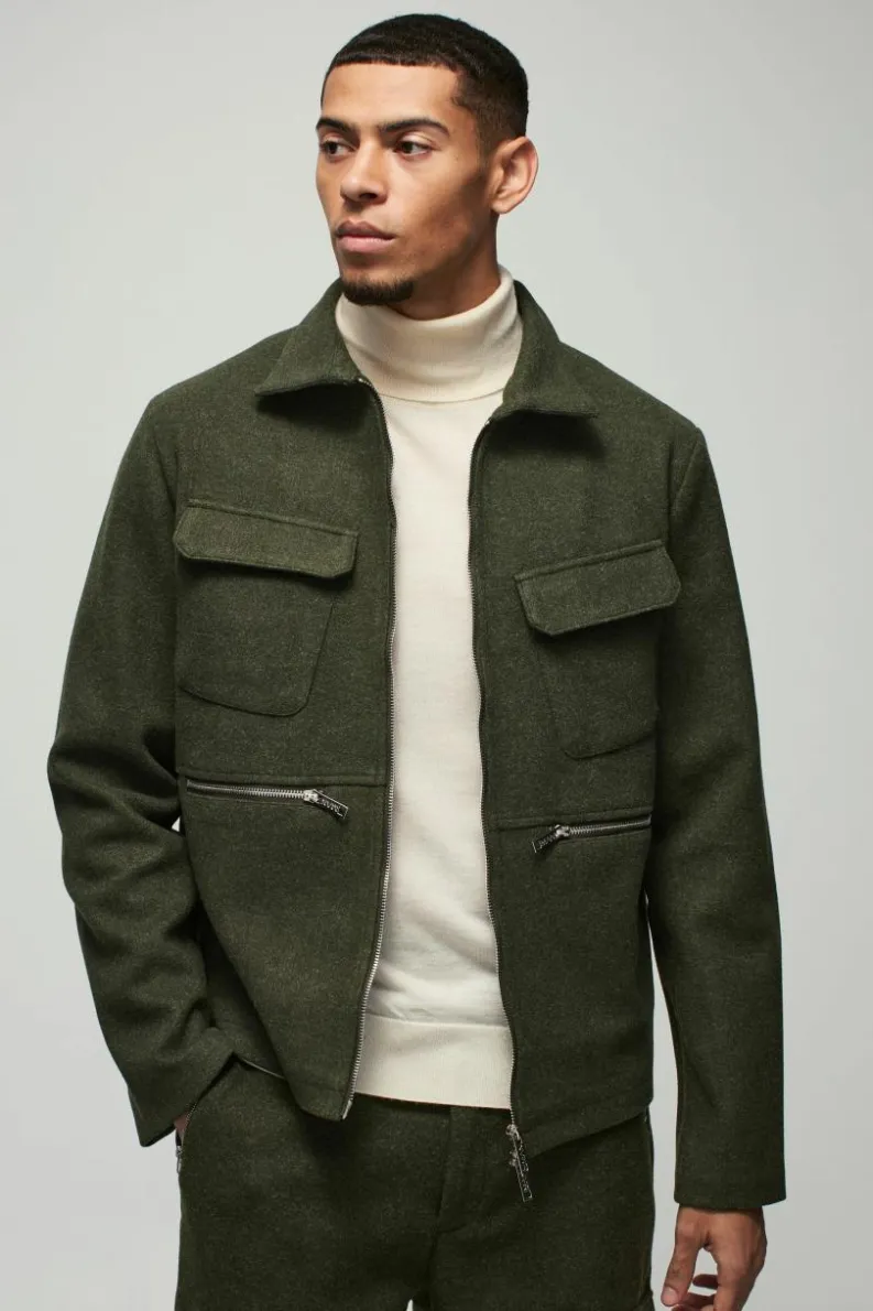 New boohoo Pocket Detail Wool Look Harrington & Trousers Suit khaki