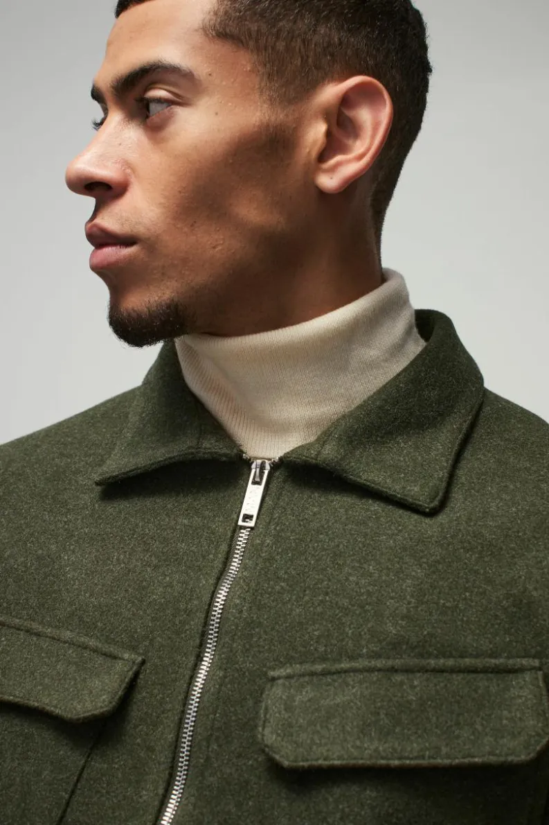 New boohoo Pocket Detail Wool Look Harrington & Trousers Suit khaki