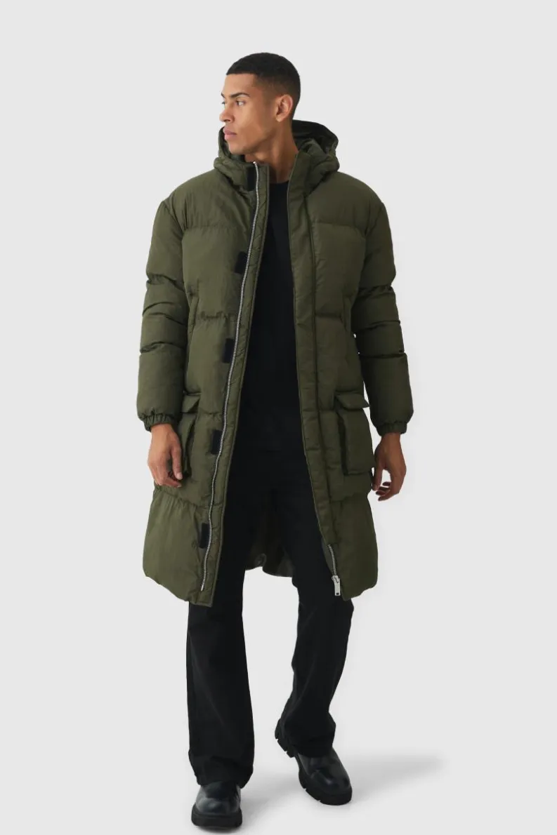 Online boohooMAN 4 Pocket Longline Hooded Puffer In khaki