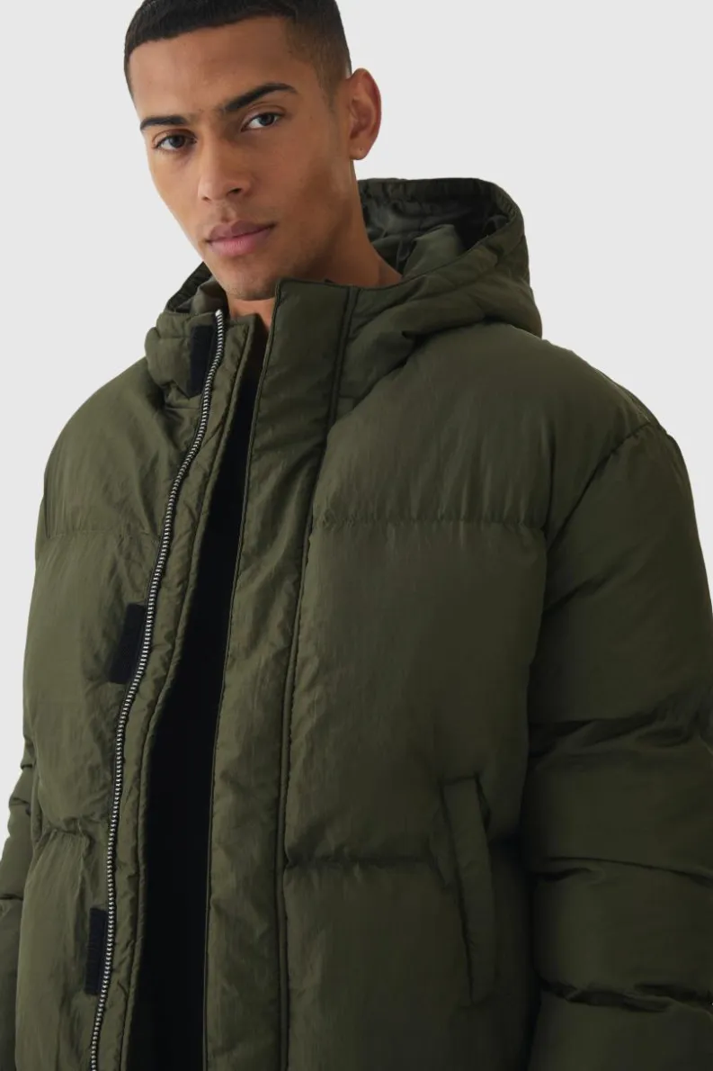 Online boohooMAN 4 Pocket Longline Hooded Puffer In khaki