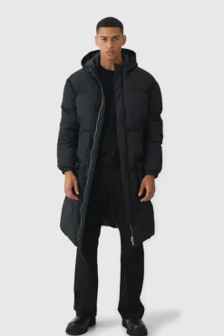 Discount boohooMAN 4 Pocket Longline Hooded Puffer In black