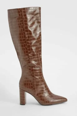 Cheap boohoo Pointed Toe Croc Knee High Boots chocolate