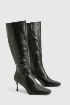 Shop boohoo Pointed Toe Heeled Knee High Boots black