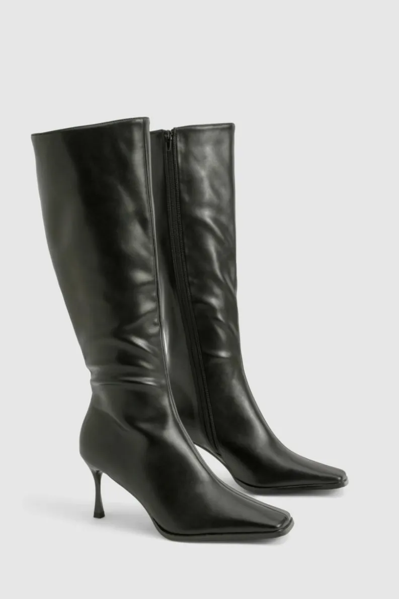 Shop boohoo Pointed Toe Heeled Knee High Boots black