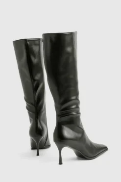 Shop boohoo Pointed Toe Heeled Knee High Boots black