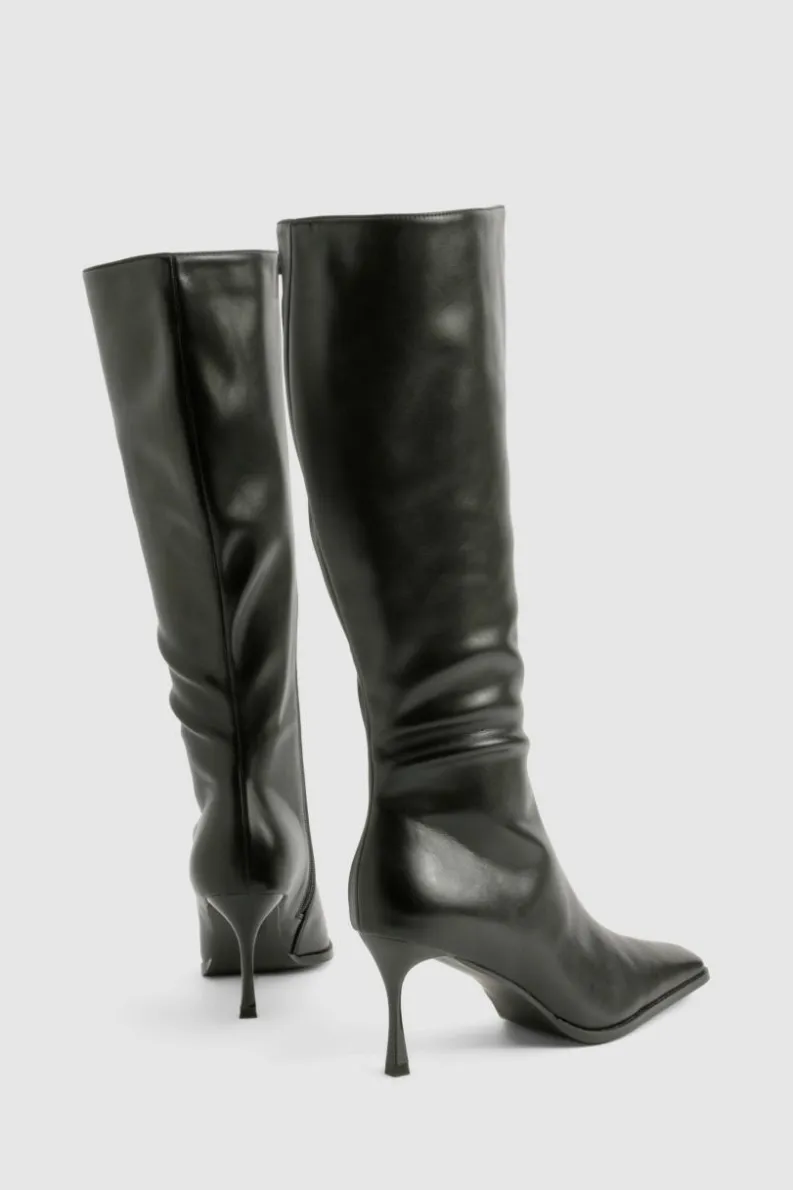 Shop boohoo Pointed Toe Heeled Knee High Boots black