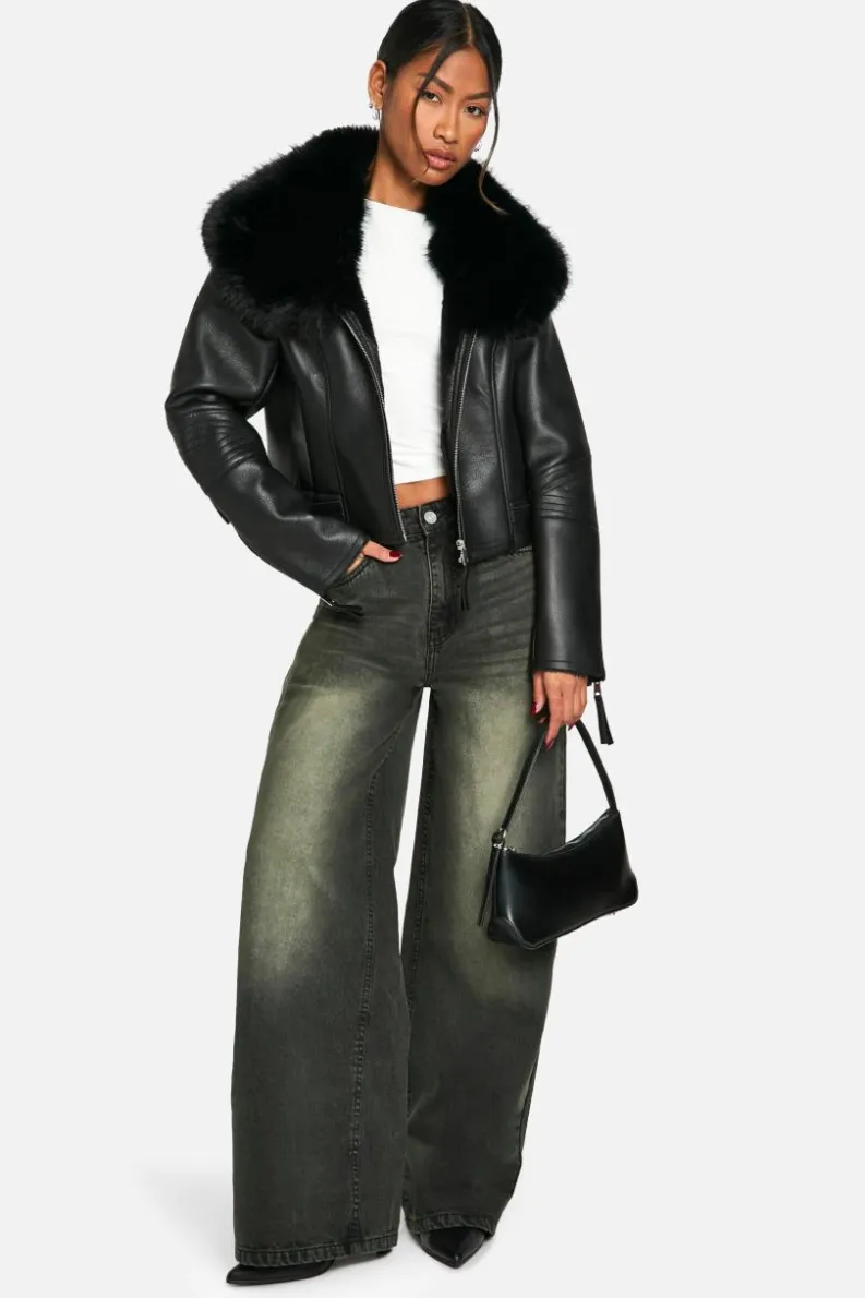Clearance boohoo Premium Faux Fur Collar Jacket black