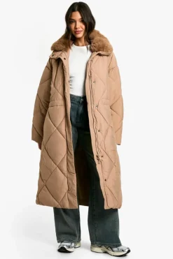 Discount boohoo Premium Faux Fur Trim Quilted Maxi Parka camel