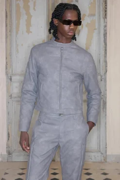 Shop boohooMAN Premium Faux Leather Biker Jacket In grey