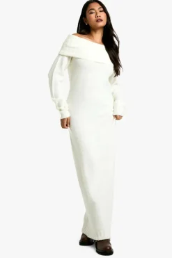 Cheap boohoo Premium Oversized Bardot Neckline Maxi Jumper Dress off white