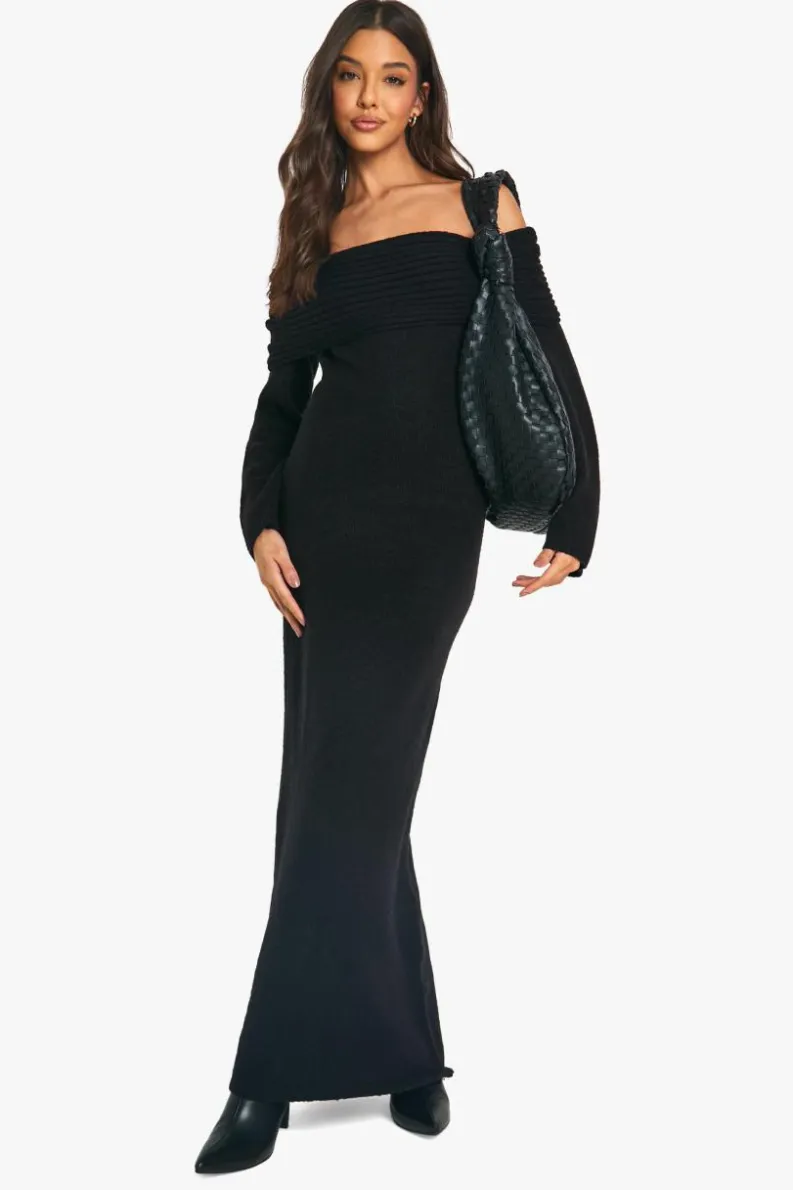Cheap boohoo Premium Oversized Rib Bardot Neckline Soft Knit Jumper Dress black