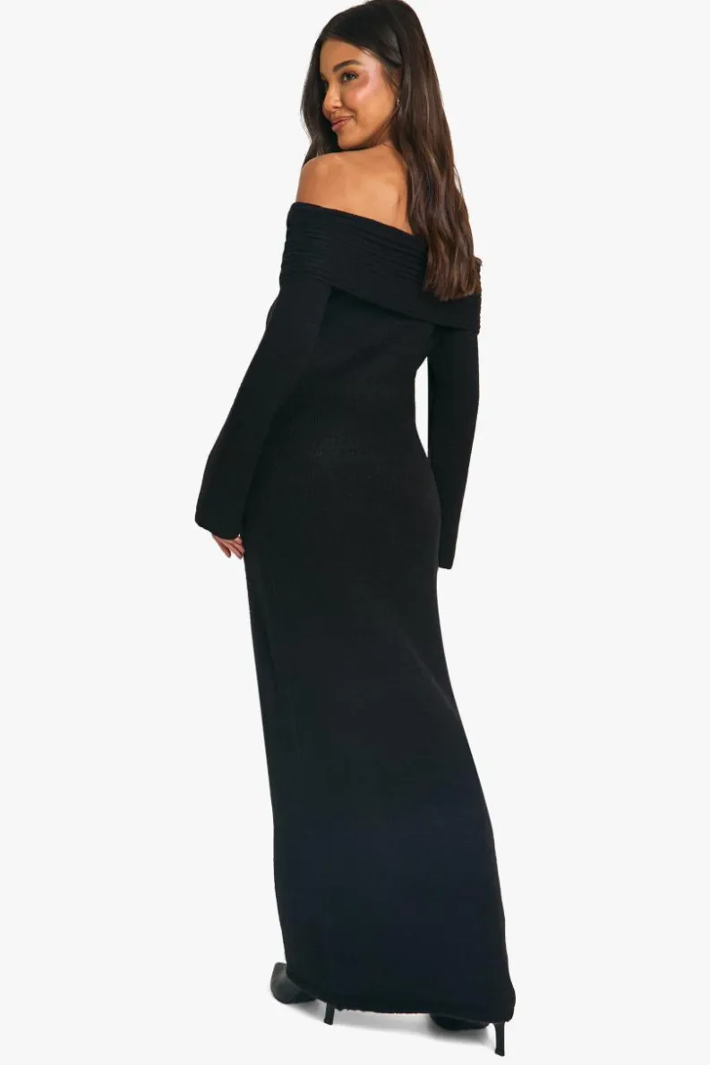 Cheap boohoo Premium Oversized Rib Bardot Neckline Soft Knit Jumper Dress black