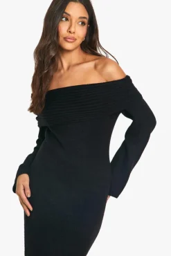Cheap boohoo Premium Oversized Rib Bardot Neckline Soft Knit Jumper Dress black