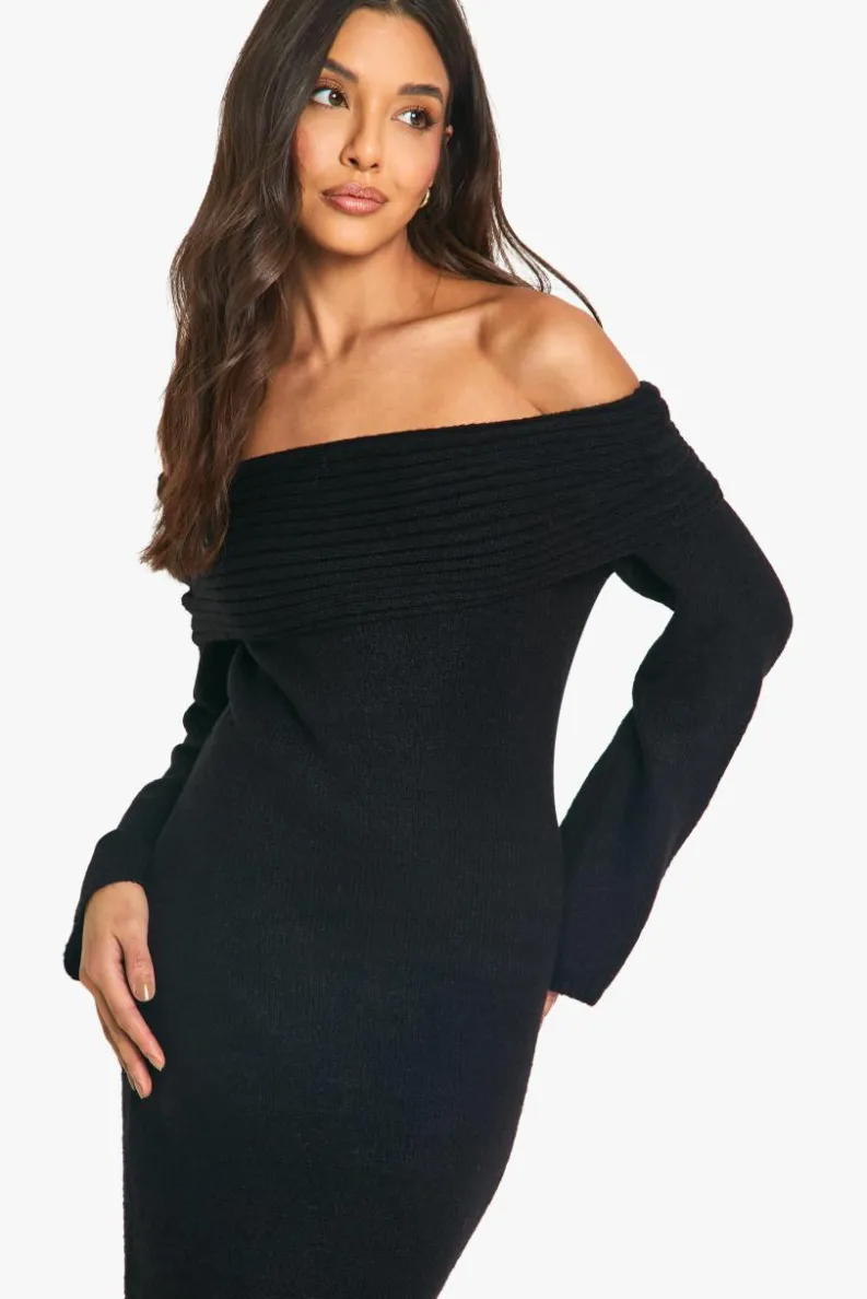 Cheap boohoo Premium Oversized Rib Bardot Neckline Soft Knit Jumper Dress black