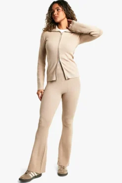 Best boohoo Premium Rib Knitted Double End Zip Up Jumper And Puddle Hem Trouser oatmeal