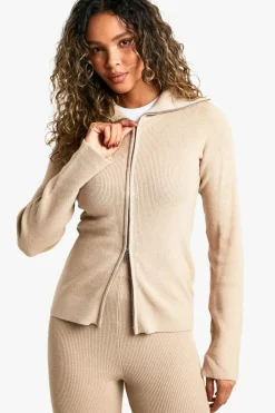 Best boohoo Premium Rib Knitted Double End Zip Up Jumper And Puddle Hem Trouser oatmeal
