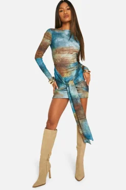 Cheap boohoo Printed Tie Front Mesh Mini Dress green