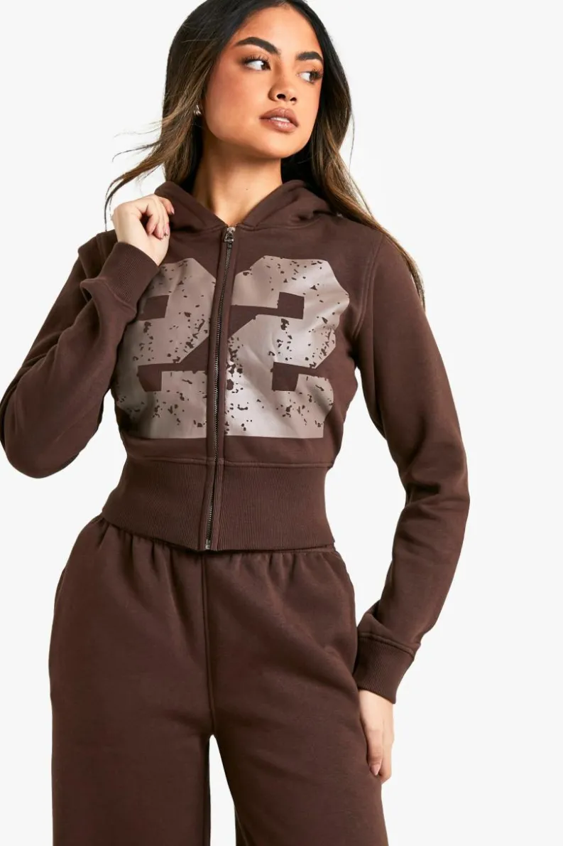 Fashion boohoo 22 Print Zip Through Shrunken Tracksuit chocolate