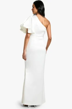Shop boohoo Puff One Shoulder Side Split Maxi Dress white