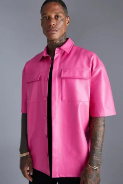 Shop boohooMAN PU Oversized Shirt pink